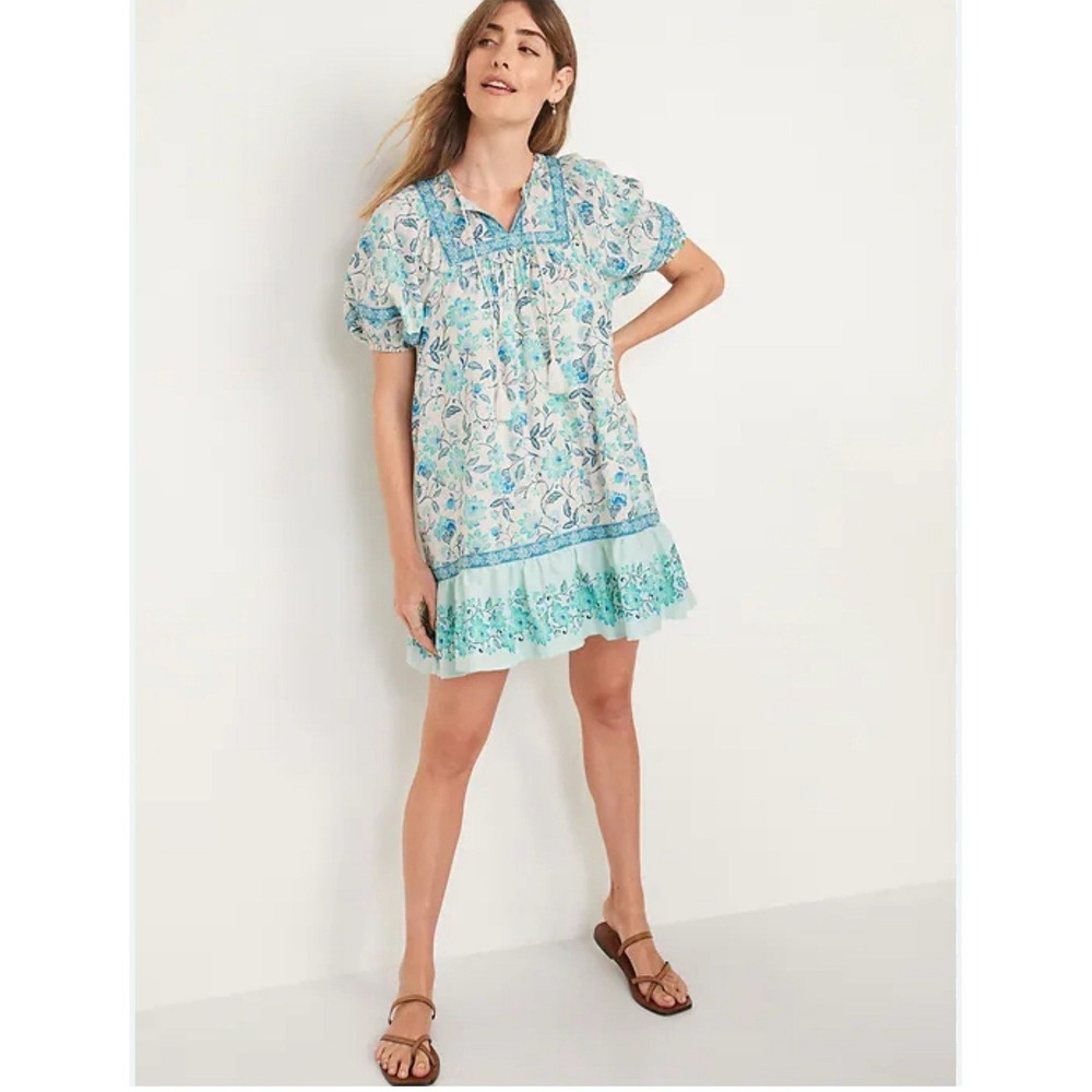 Old Navy Blue Floral Babydoll Mini Dress Oversized loose flattering fit